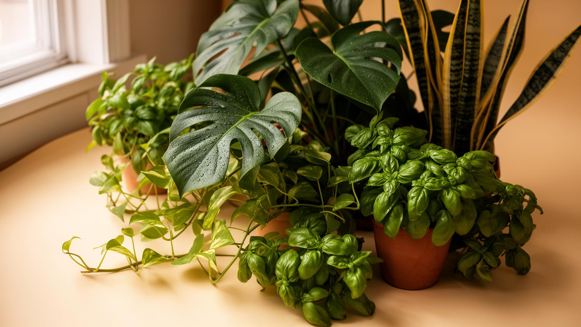 A lush cluster of indoor plants in warm window light